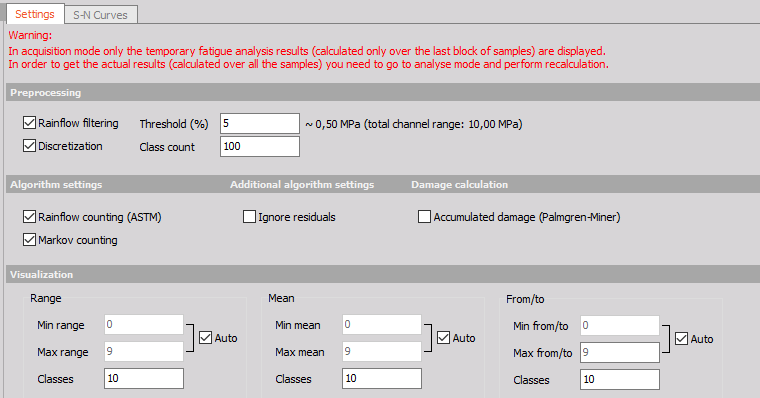 Settings for analysis example in Fatigue module Settings for analysis example in Fatigue module