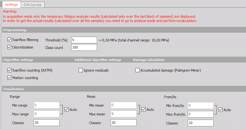 Settings for analysis example in Fatigue module