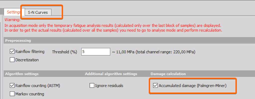 Accumulated damage option in Dewesoft and S-N curves tab