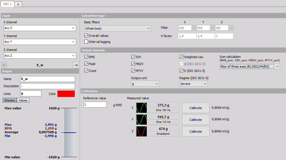 Setup screen of Human vibration module in Dewesoft Setup screen of Human vibration module in Dewesoft