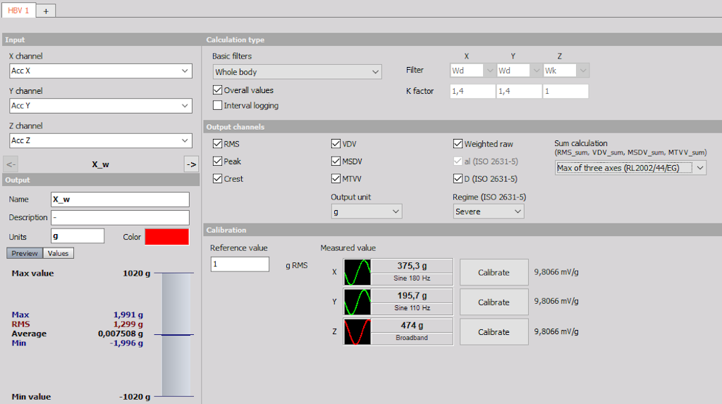 Setup screen of Human vibration module in Dewesoft