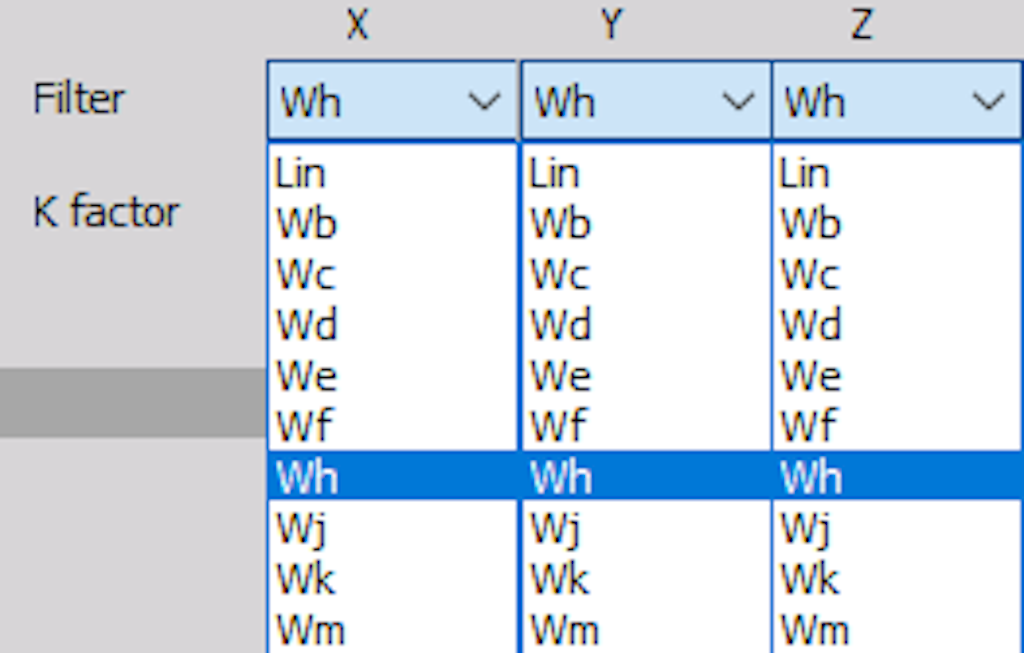 Filter selection for each axis individually