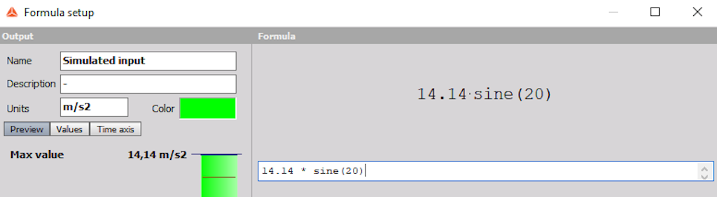 Simulated vibration input with formula setup in Dewesoft
