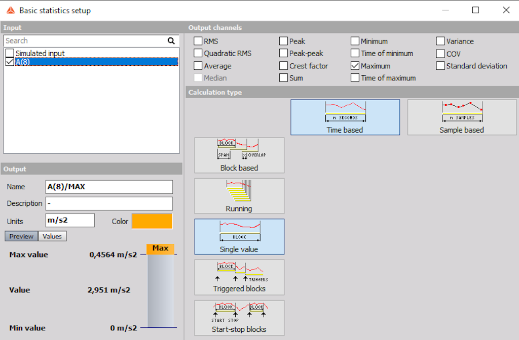 Maximum value of daily vibration exposure using Basic statistics module in Dewesoft