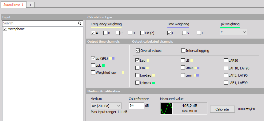 Sound level meter channel setup in Dewesoft Sound level meter channel setup in Dewesoft