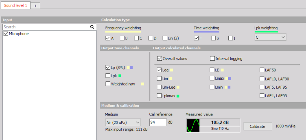 Sound level meter channel setup in Dewesoft