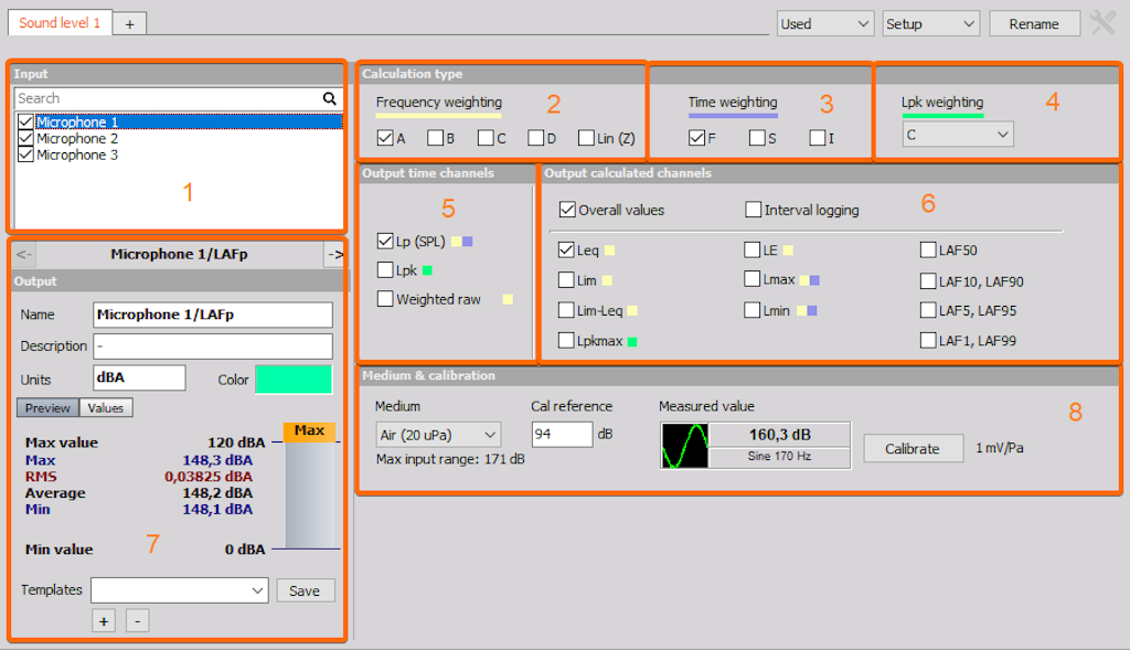 SLM channel setup in Dewesoft with marked different section