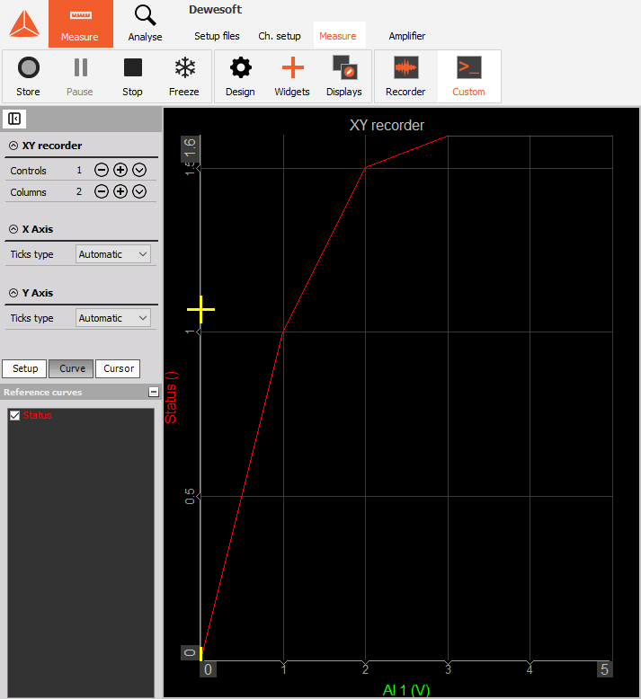 The output channel gives a value of 1 when the XY curve crosses the reference curve The output channel gives a value of 1 when the XY curve crosses the reference curve