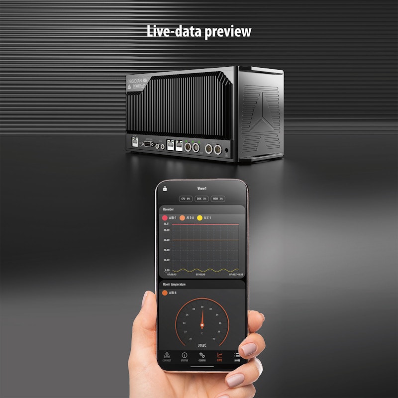 DewesoftM app on iPhone smartphone and with the Dewesoft OBSIDIAN data logger