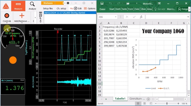 Screenshot showing DewesoftX with Excel spreadsheet report