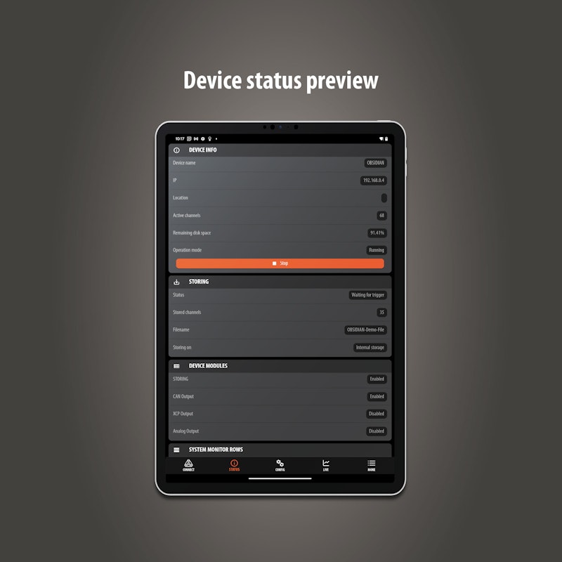 DewesoftM mobile app showing device status of connected OBSIDIAN DAQ device
