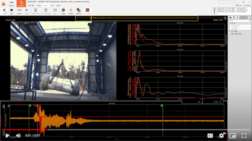 Playback from Dewesoft DAQ instrument. Impact data and video from a container drop text.