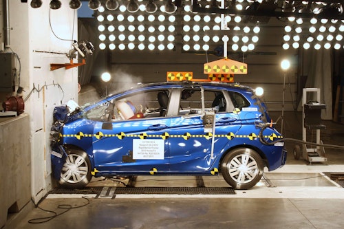 A Honda FIT undergoing destructive crash testing