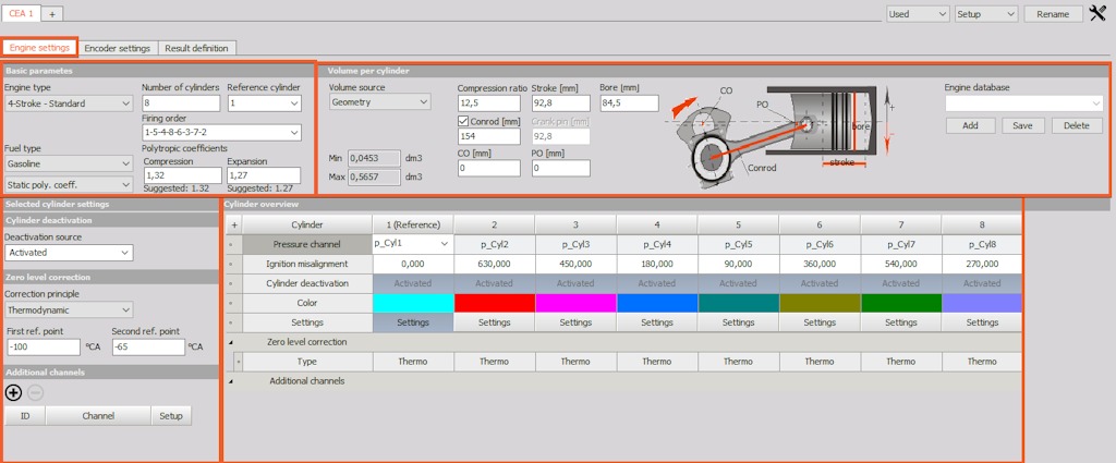 Four mayor fields inside the CEA module define the Engine settings
