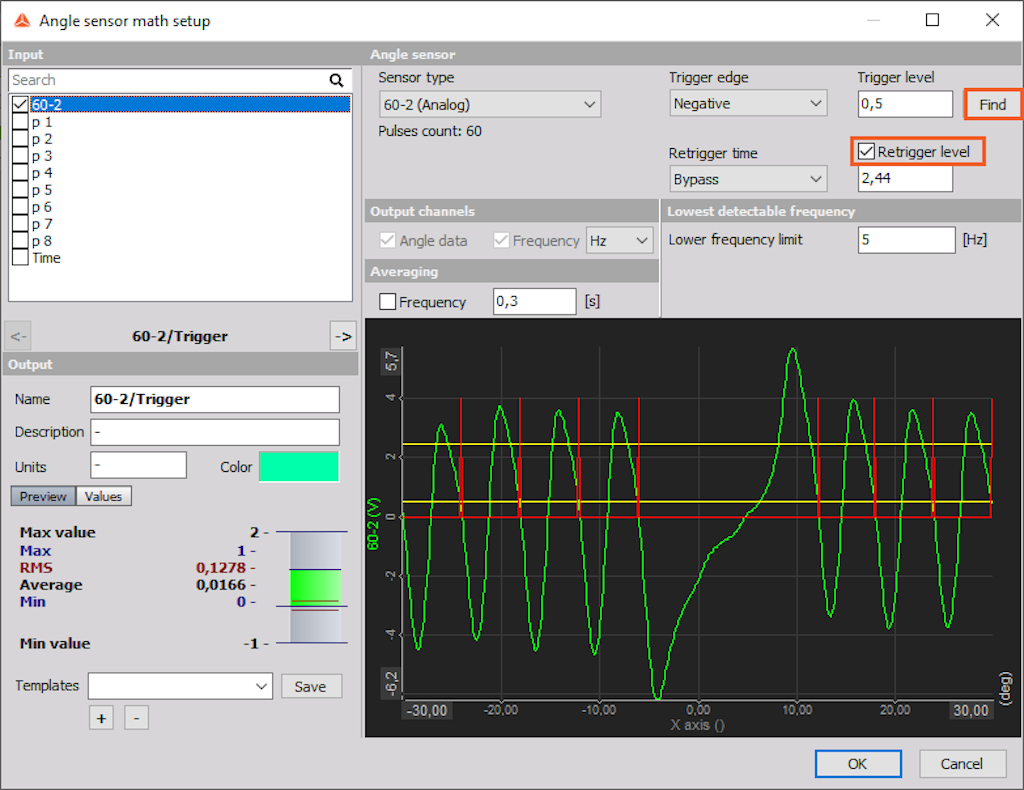Finding a retrigger level with Angle sensor setup located in the Math module