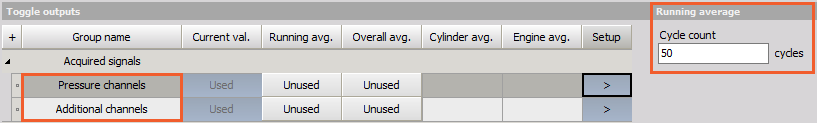 Acquired signals in Result definition, where you can also define the Running average Cycle count for both channels Acquired signals in Result definition, where you can also define the Running average Cycle count for both channels