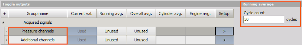 Acquired signals in Result definition, where you can also define the Running average Cycle count for both channels