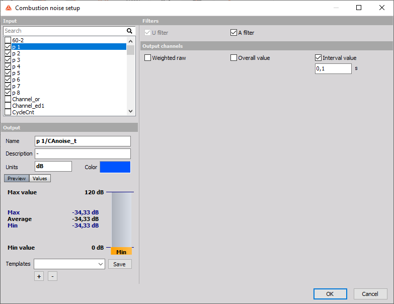 Combustion noise setup window Combustion noise setup window