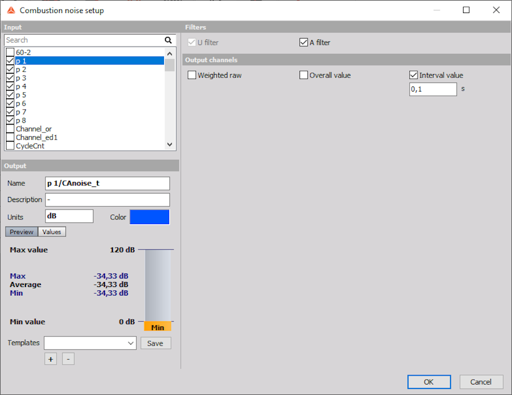 Combustion noise setup window