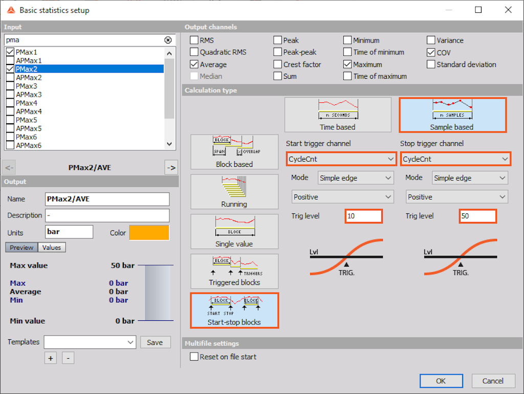 An example of basic statistics calculation between cycle 10 and 50