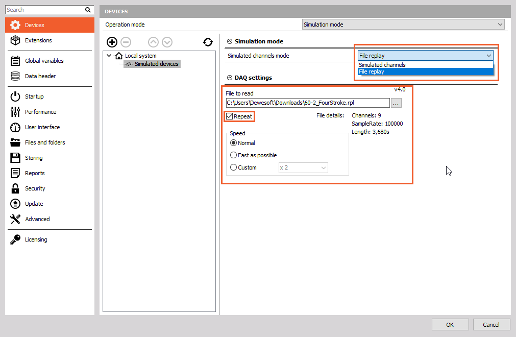 Put DewesoftX on Simulation mode, choose File replay for Simulated channels mode and select proper file replay Put DewesoftX on Simulation mode, choose File replay for Simulated channels mode and select proper file replay