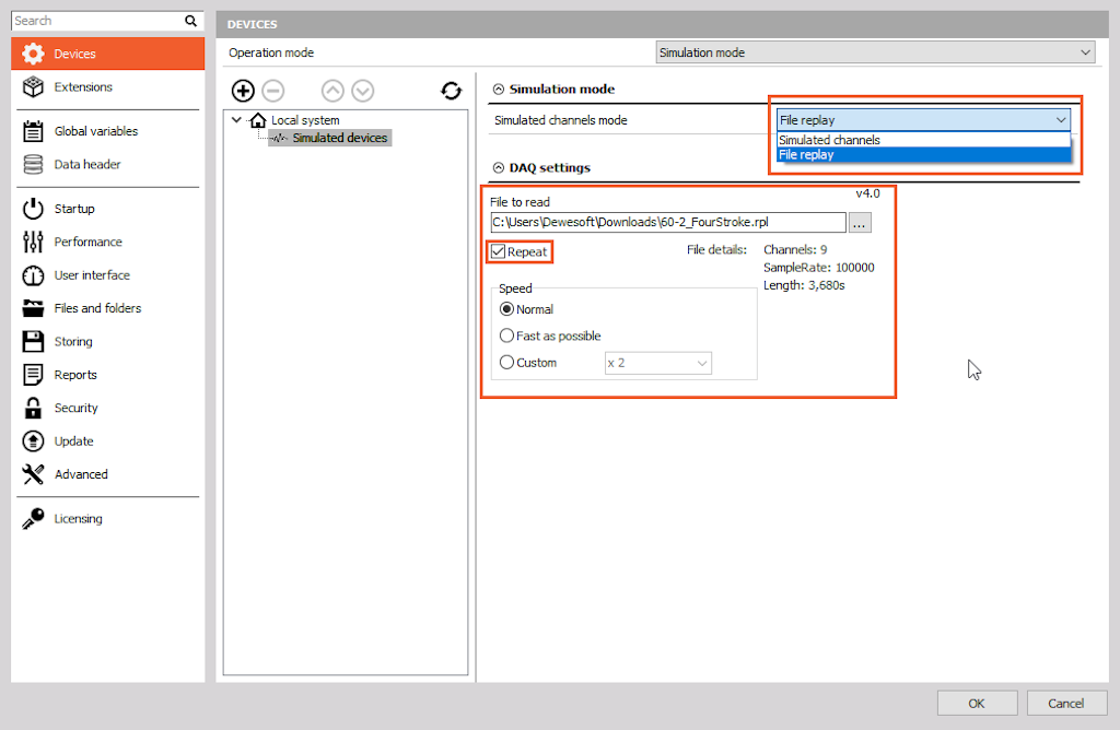 Put DewesoftX on Simulation mode, choose File replay for Simulated channels mode and select proper file replay