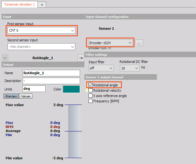 Select sensor location, sensor type and enable the Rotation angle option Select sensor location, sensor type and enable the Rotation angle option