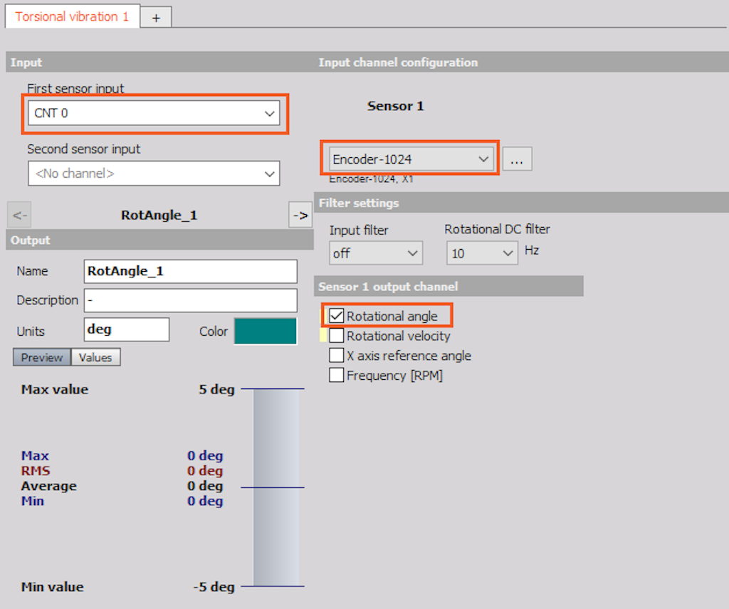 Select sensor location, sensor type and enable the Rotation angle option
