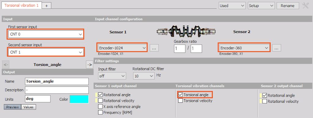 Select also the other sensor and enable Torsional angle option