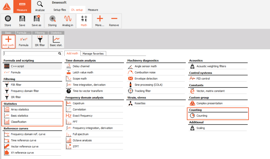 You can add a new statistic in Dewesoft Math -> Add math, where we can choose between three types of statistics: Basic statistics, Array statistics and Classification. Equally Counting can be found and added in Add math drop-down window. You can add a new statistic in Dewesoft Math -> Add math, where we can choose between three types of statistics: Basic statistics, Array statistics and Classification. Equally Counting can be found and added in Add math drop-down window.