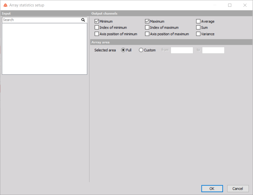 Array statistics setup window Array statistics setup window