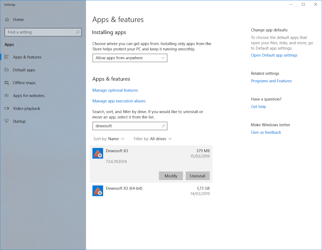 For offline modification open Apps & Features and find Dewesoft to modify it For offline modification open Apps & Features and find Dewesoft to modify it