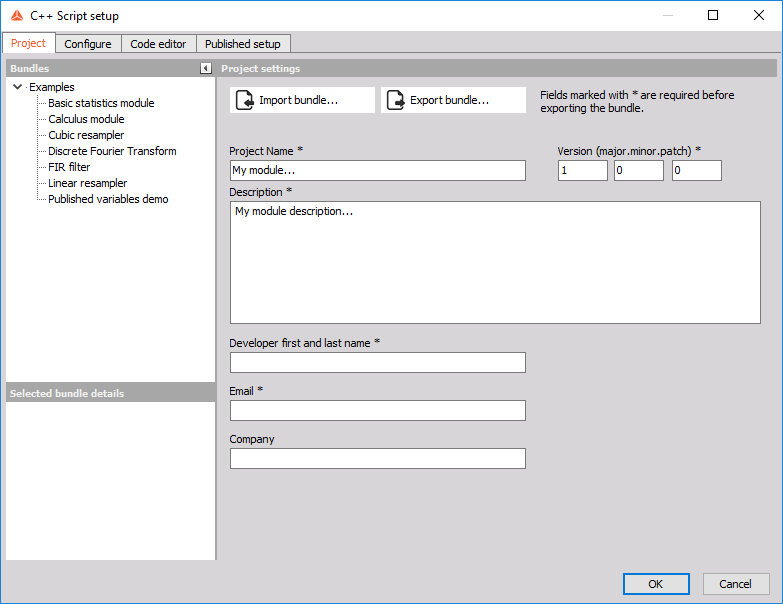 C++ Script setup window C++ Script setup window