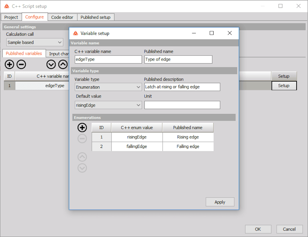Setup the variable with rising and falling edge