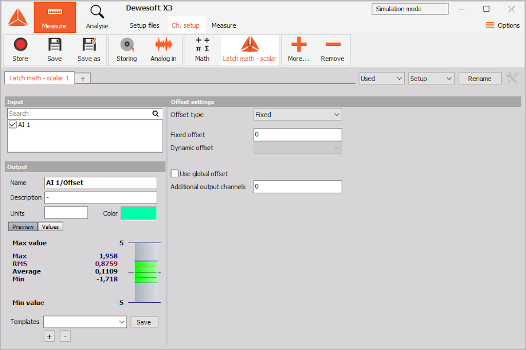 Access the plugin in Dewesoft's main toolbar in Measure mode under Ch. setup -> More... -> Latch math - scalar