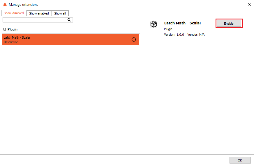 In case the plugin is not visible in Dewesoft X, enable the Latch Math - Scalar under Settings -> Extensions In case the plugin is not visible in Dewesoft X, enable the Latch Math - Scalar under Settings -> Extensions