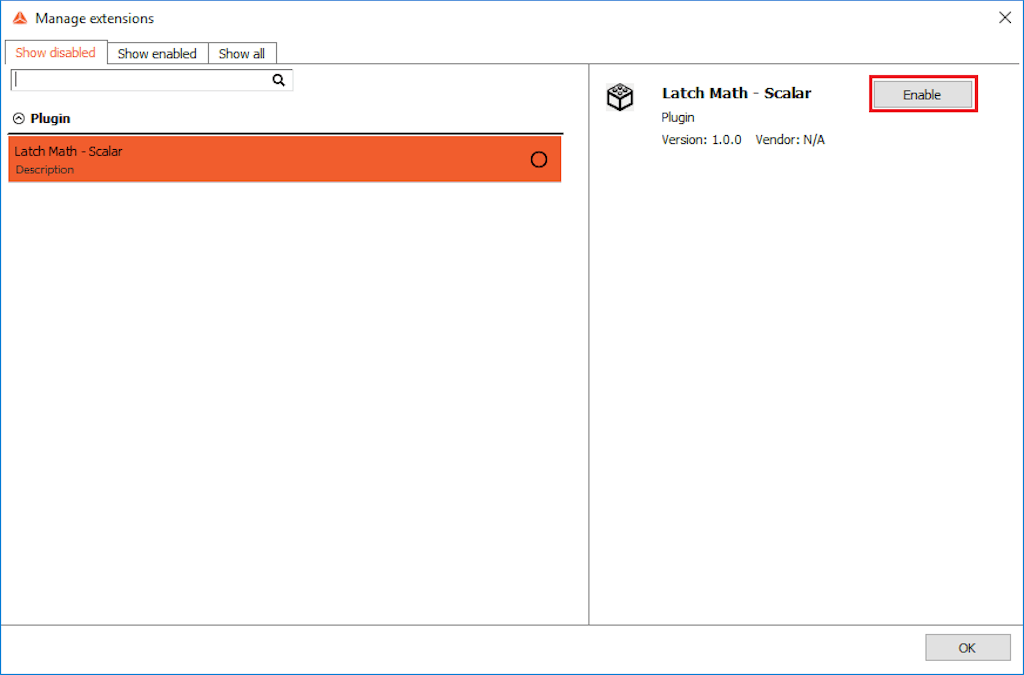 In case the plugin is not visible in Dewesoft X, enable the Latch Math - Scalar under Settings -> Extensions