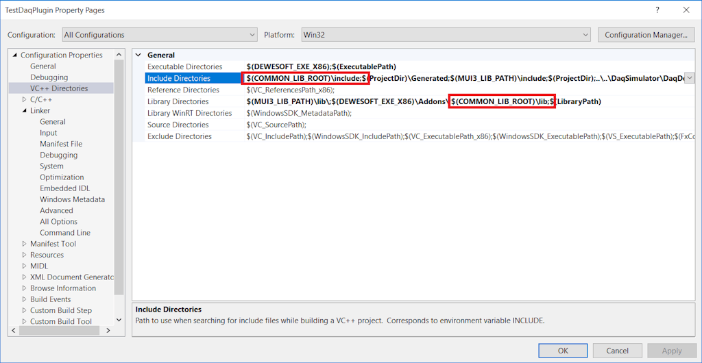 To use SoftSyncAlgorithm class, we have to include its header file in include Directories and add Library Directories. This is done under TestDaqPlugin properties -> Configuration properties -> VC++ Directories. To use SoftSyncAlgorithm class, we have to include its header file in include Directories and add Library Directories. This is done under TestDaqPlugin properties -> Configuration properties -> VC++ Directories.