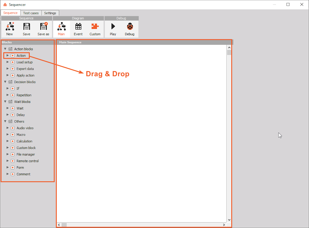 Different blocks can be drag & dropped inside the Main Sequence area