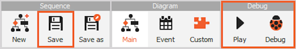 Save, Play and Debug buttons