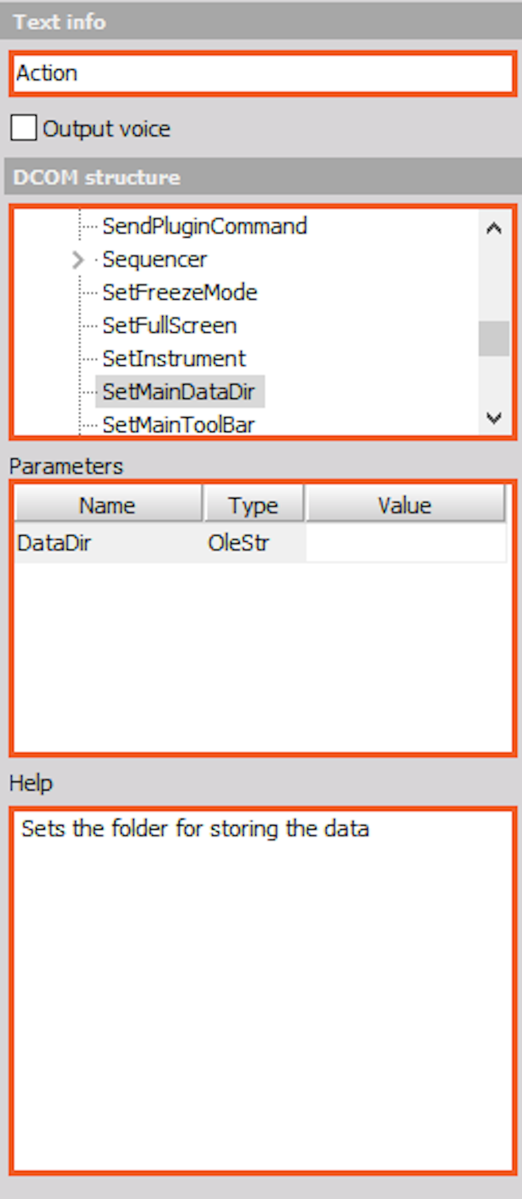 Action can be chosen from the list in DCOM structure