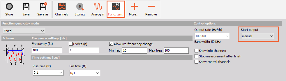 Function generator set on 'manual' start output Function generator set on 'manual' start output