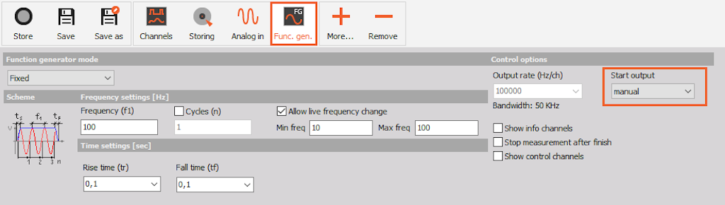 Function generator set on 'manual' start output