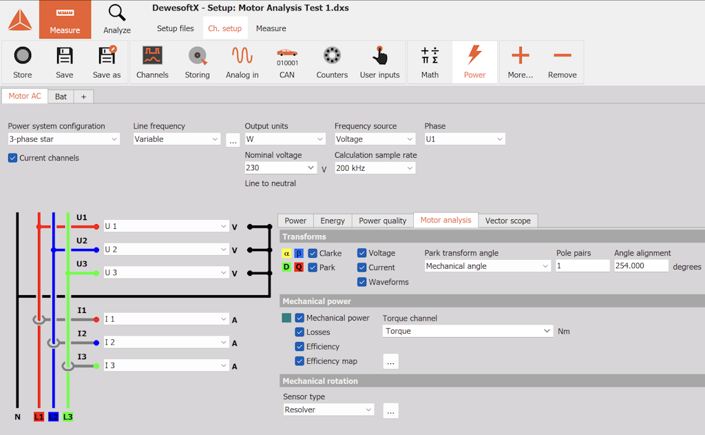 Pantalla de configuración del módulo de Potencia y Análisis de Motores de DewesoftX.