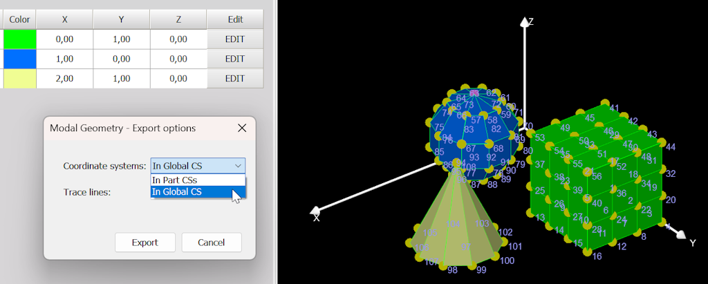 Select to export node coordinates to a local or global coordinate system