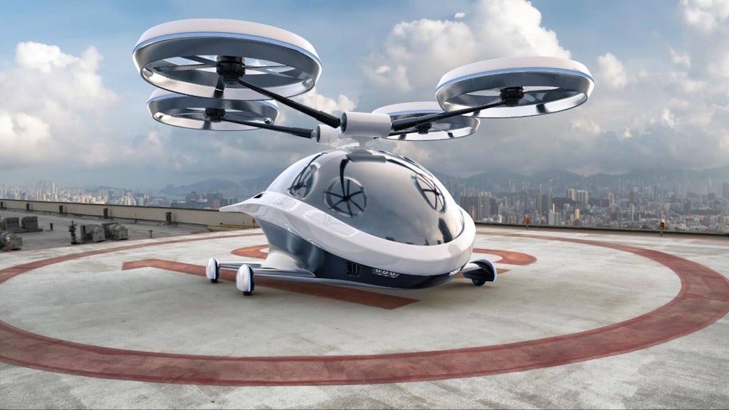 The vectored thrust eVTOL, designed for efficient vertical and forward flight, showcases advanced technology with its sleek design and vectored rotors.