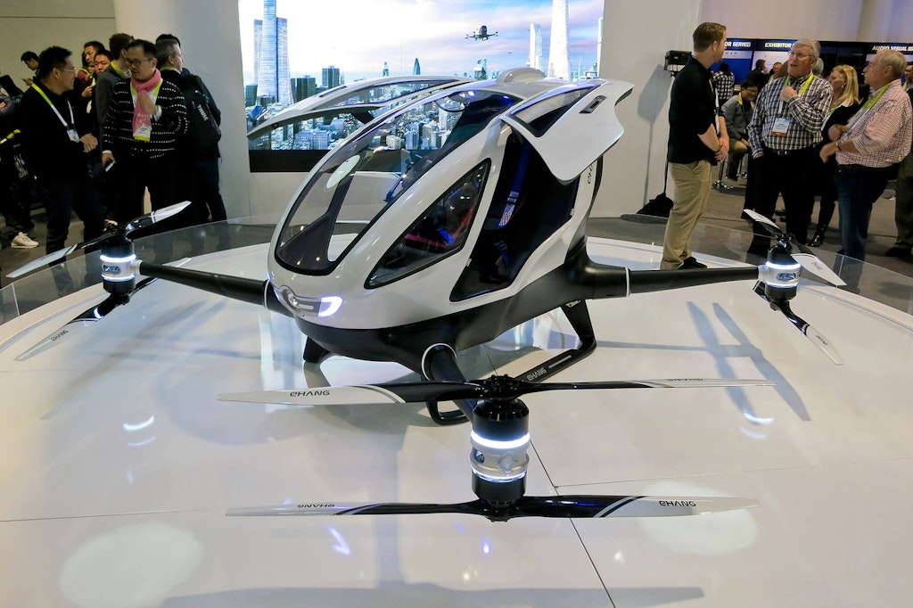 EHang 184 electrice passenger drone. Alex Butterfield, CC BY 2.0, via Wikimedia Commons.