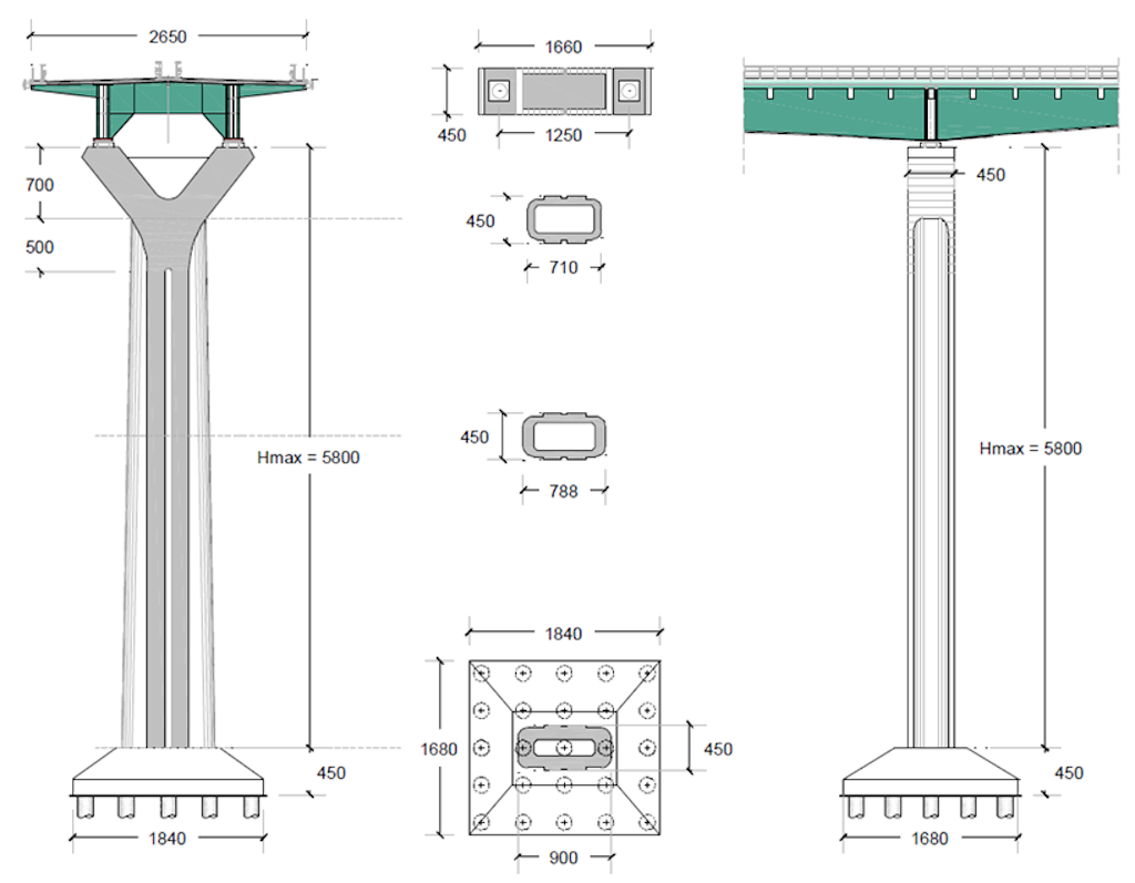 Figure 5. Piers: perspective view and sections.