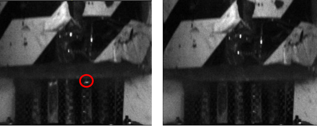 Figure. 19 The moment when the absorber is damaged corresponds to the change in stiffness from 2 to three layers in the layup. Reference frame: 12-13.