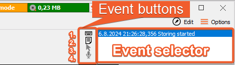The image shows the location of the Event selector and Event buttons. The image shows the location of the Event selector and Event buttons.